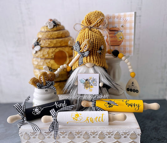 Bee-u-tiful  knit honeybee gnome with sign - Decorative rolling pins - Tiered tray decor set