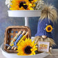 Beautiful knit sunflower gnome with sign - Tiered tray decor