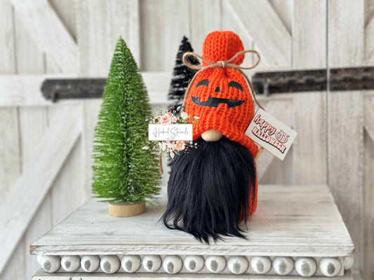 Spooky and Cozy: Jack O' Lantern Knit Halloween Gnome for Tiered Trays