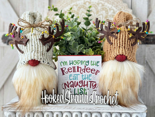 Whimsical Knit Rudolph the Reindeer Christmas Gnome with Tangled Lights - Perfect for Tiered Tray Displays