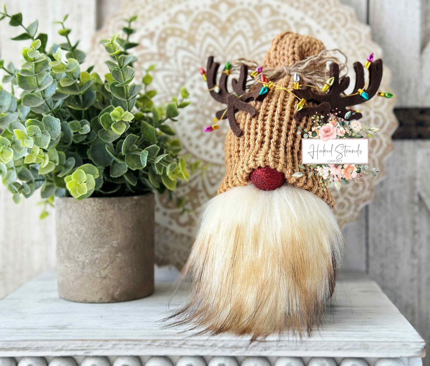 Whimsical Knit Rudolph the Reindeer Christmas Gnome with Tangled Lights - Perfect for Tiered Tray Displays