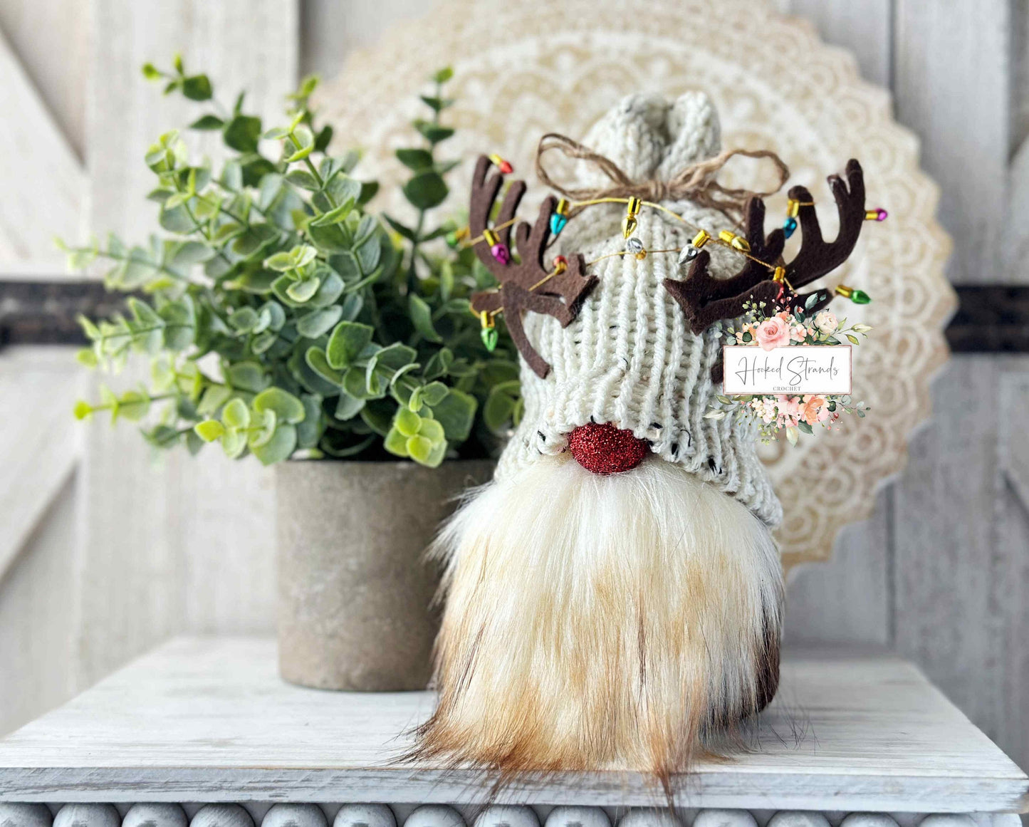 Whimsical Knit Rudolph the Reindeer Christmas Gnome with Tangled Lights - Perfect for Tiered Tray Displays